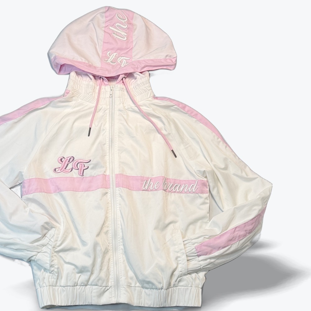 LF The Brand Embroidered Logo Track Jacket Full Zip Hooded White Pink Small